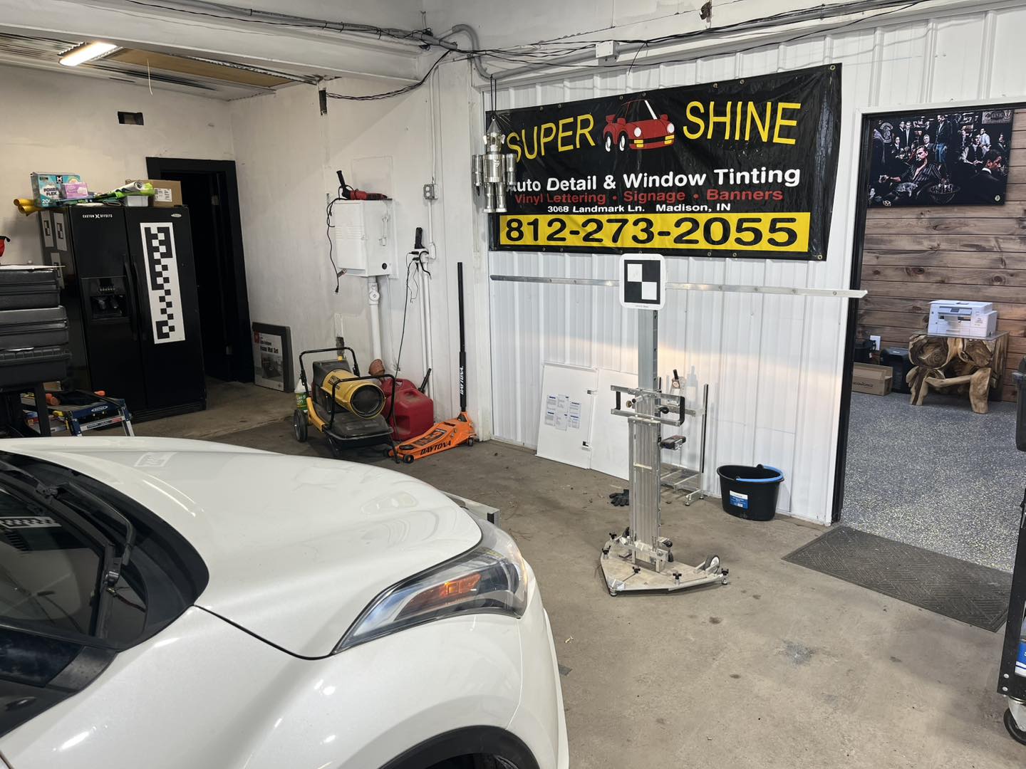 ADAS calibration targets and equipment set up in the B-Rite shop for windshield camera alignment