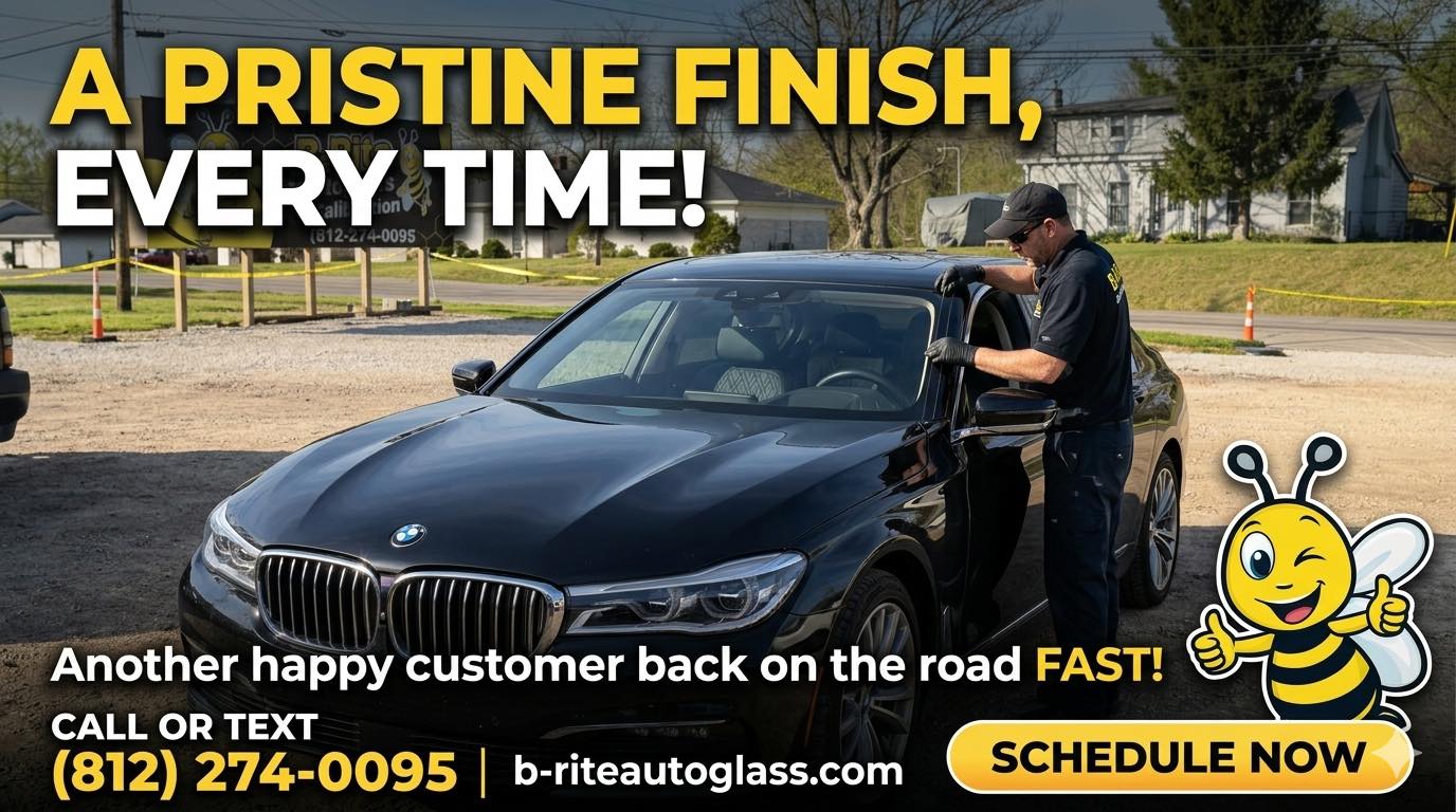 B-Rite Autoglass technician finishing a pristine windshield installation