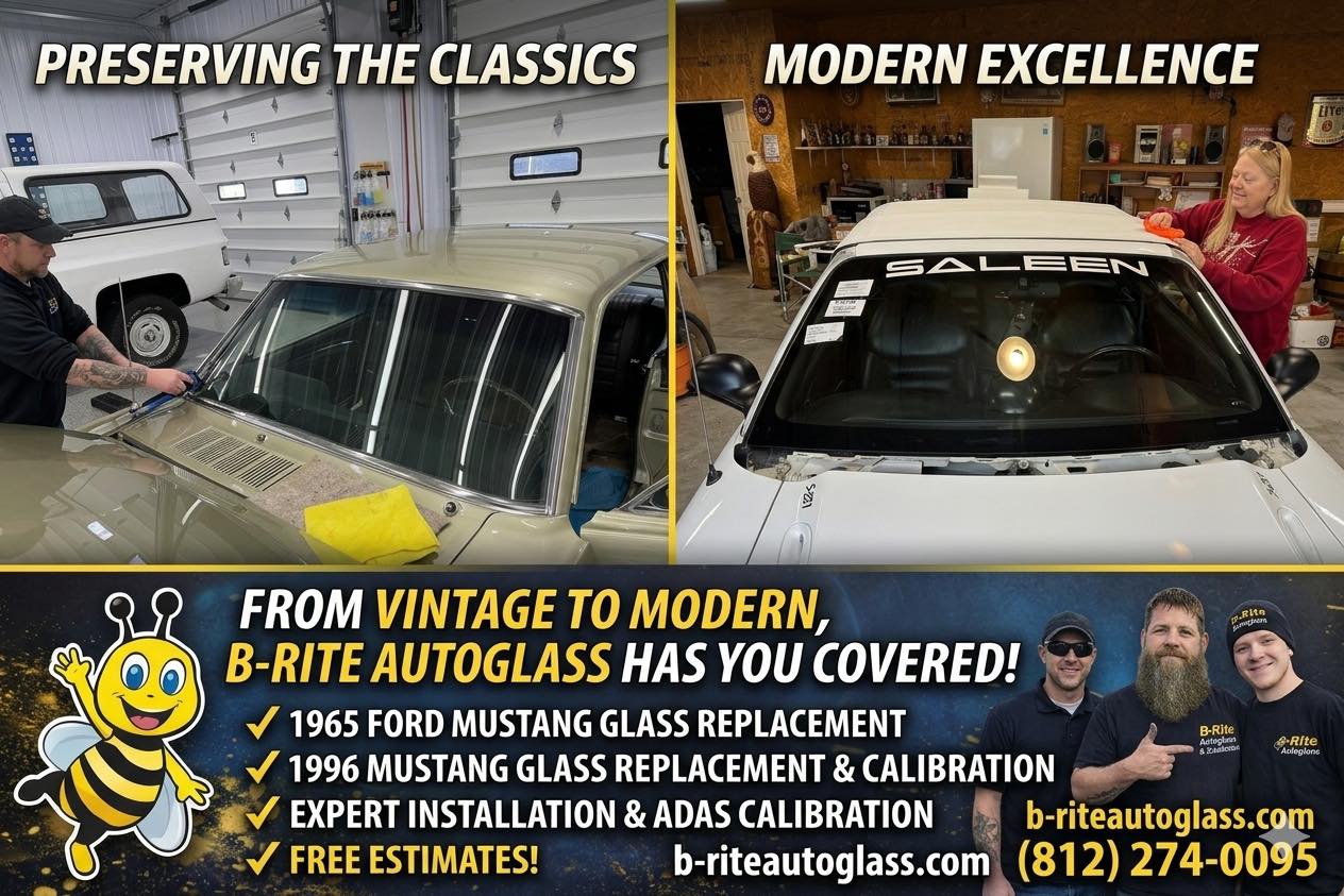 Custom auto glass installation on a classic vintage car in the shop