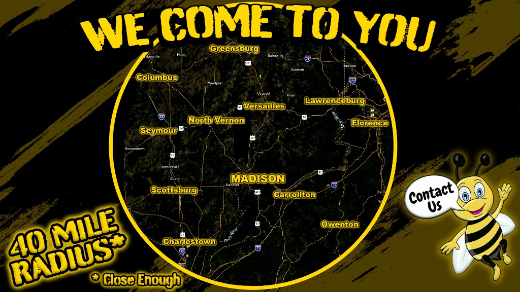 B-Rite Autoglass 40-mile mobile service radius map centered on Madison Indiana